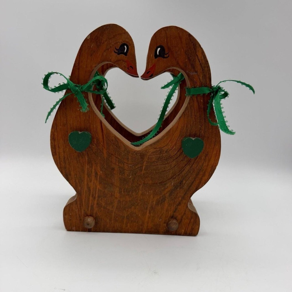 Vintage Folk Art Wooden Swan Goose Napkin Holder Mail Organizer Heart Rustic